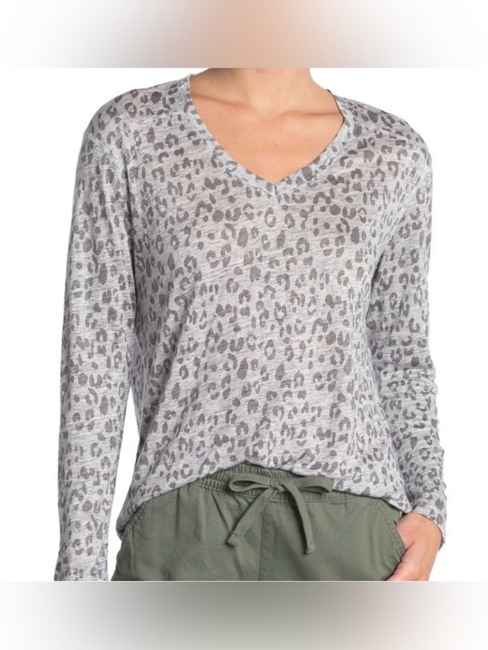 Rails Sami Top Heather Grey Cheetah, Size Large (L) - Linen Blend Leopard Tee